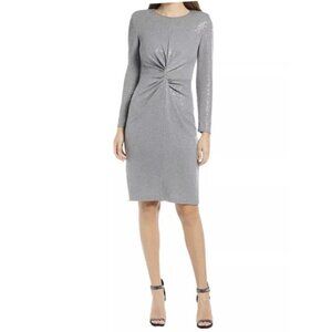 Vince Camuto Womens Size 8 Gray Sequin Long Sleeve Sheath Cocktail Dress New